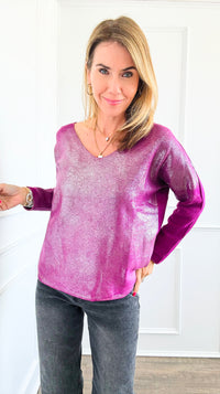 Silver Shine V-Neck Italian Pullover - Magenta-130 Long sleeve top-Italianissimo-Coastal Bloom Boutique, find the trendiest versions of the popular styles and looks Located in Indialantic, FL