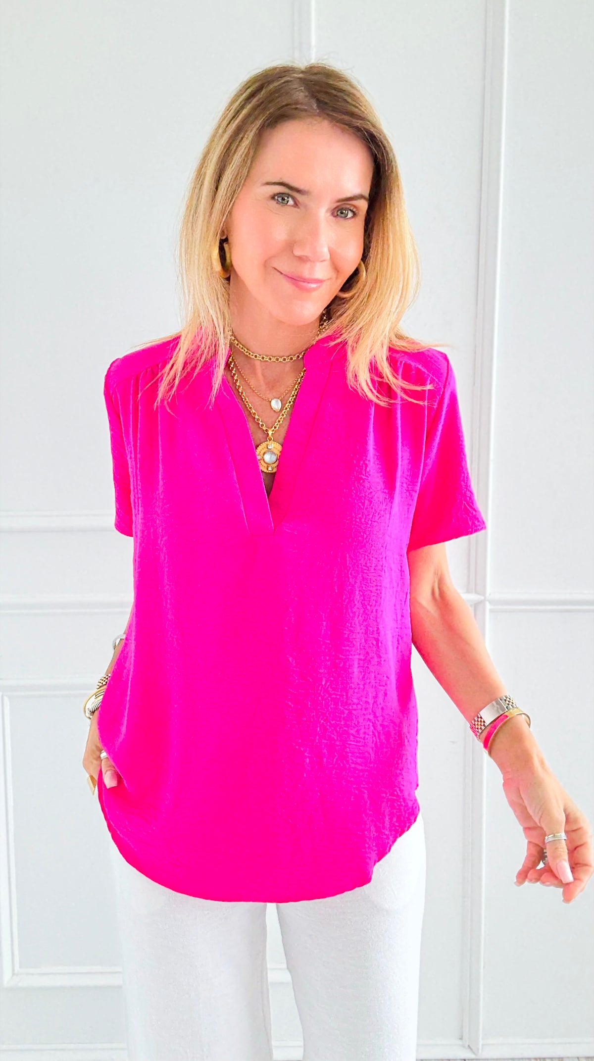 Graceful Gathered V-Neck Top - Hot Pink-110 Short Sleeve Tops-entro-Coastal Bloom Boutique, find the trendiest versions of the popular styles and looks Located in Indialantic, FL