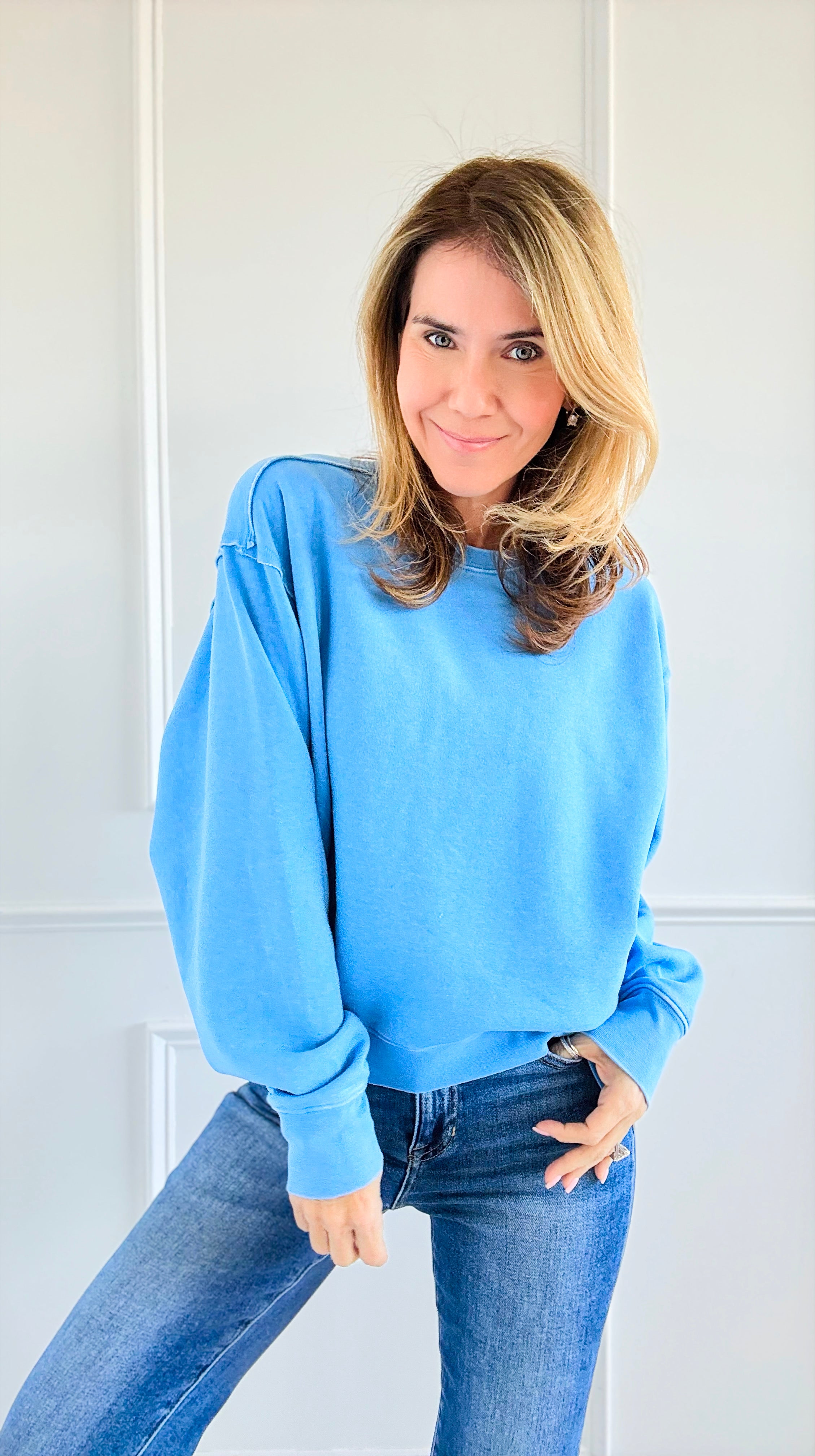 French Terry Sweatshirt - Blue-130 Long Sleeve Tops-HYFVE-Coastal Bloom Boutique, find the trendiest versions of the popular styles and looks Located in Indialantic, FL