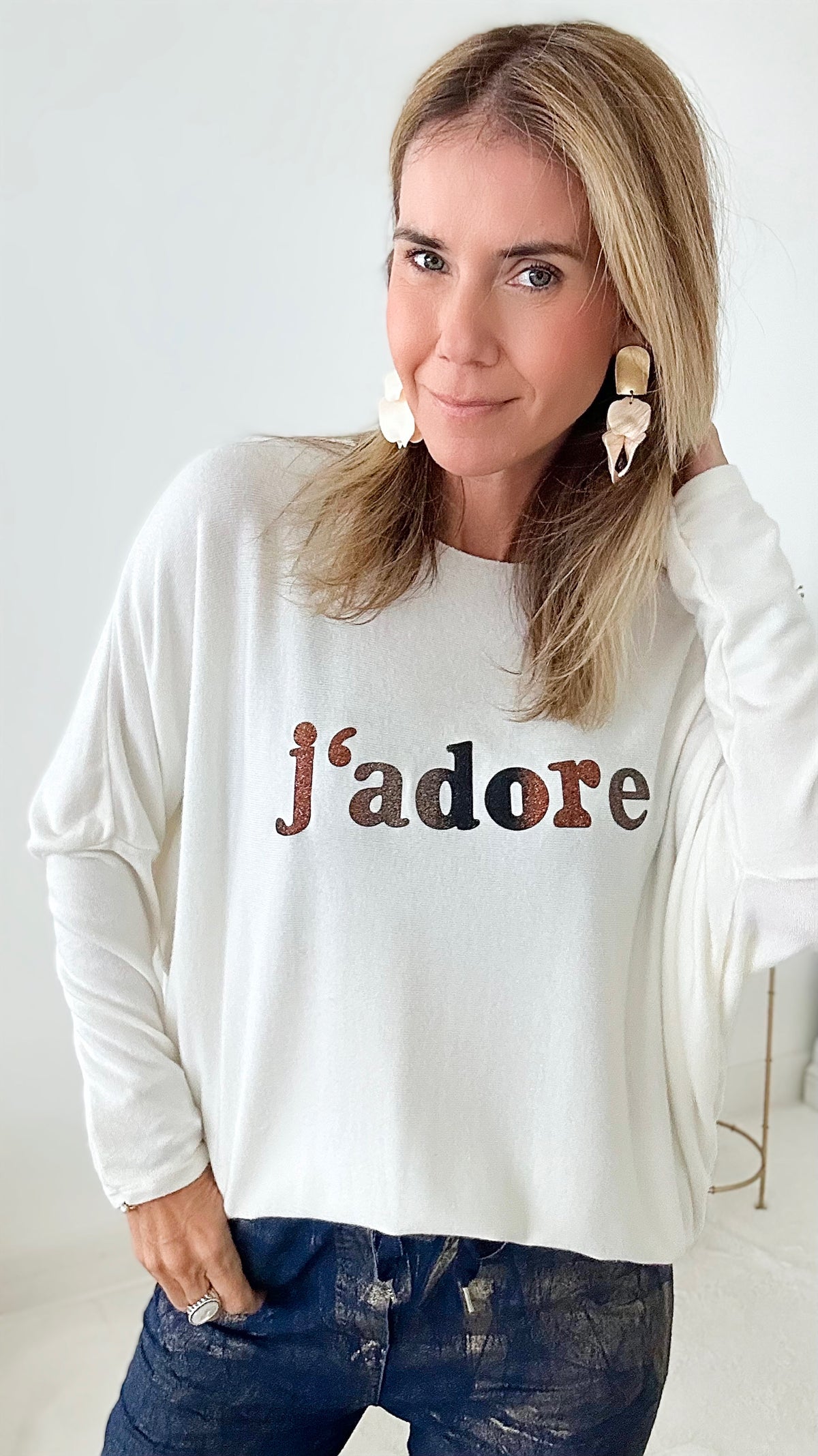 Italian J'adore Long Sleeve Pullover - Ivory-140 Sweaters-Yolly-Coastal Bloom Boutique, find the trendiest versions of the popular styles and looks Located in Indialantic, FL