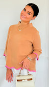 Waves & Whimsy Scallop Sweater - Camel/Pink-140 Sweaters-Fate Inc-Coastal Bloom Boutique, find the trendiest versions of the popular styles and looks Located in Indialantic, FL