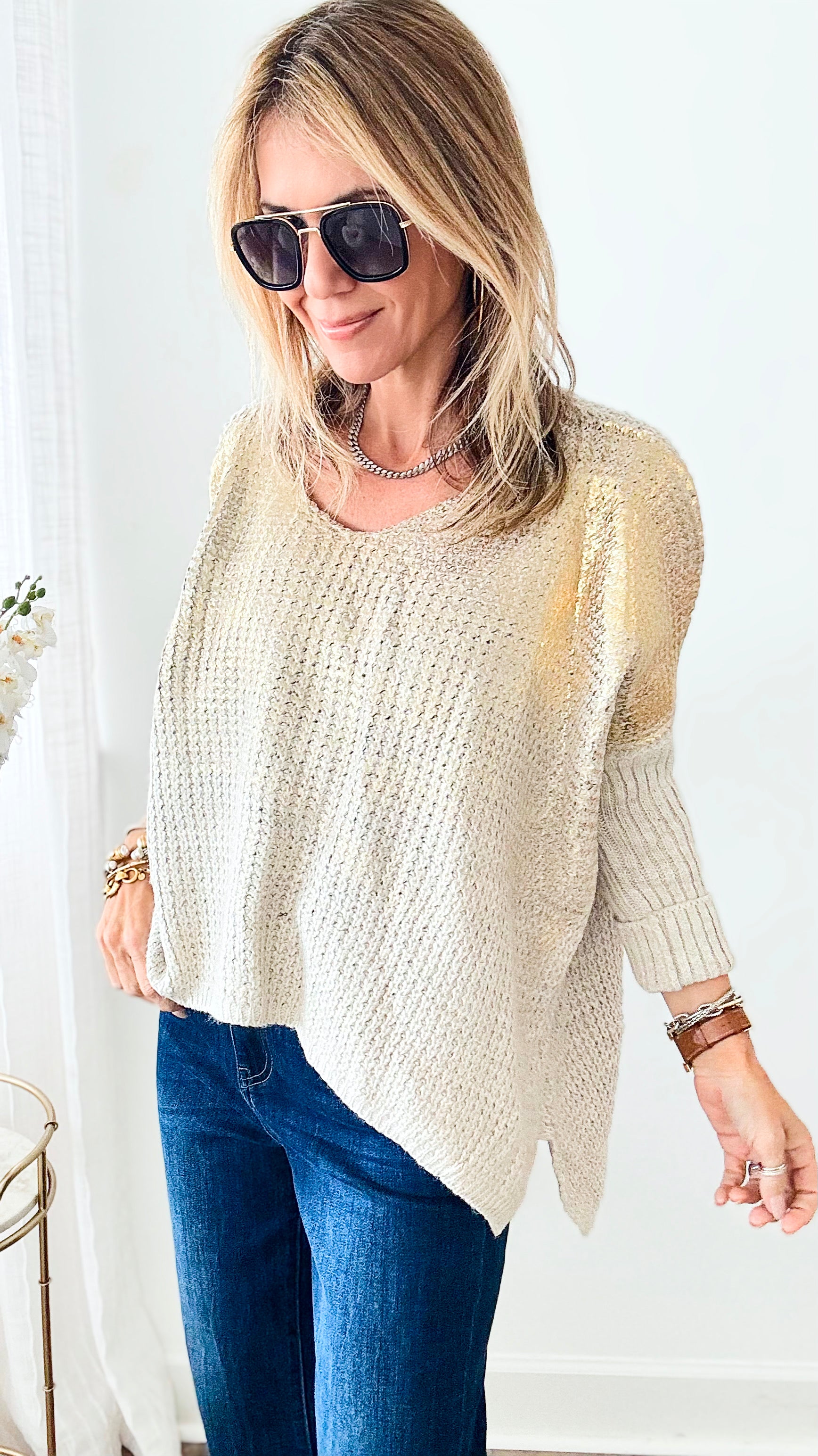 V Neck Gold Foil Sweater - Oyster-140 Sweaters-Look Mode-Coastal Bloom Boutique, find the trendiest versions of the popular styles and looks Located in Indialantic, FL