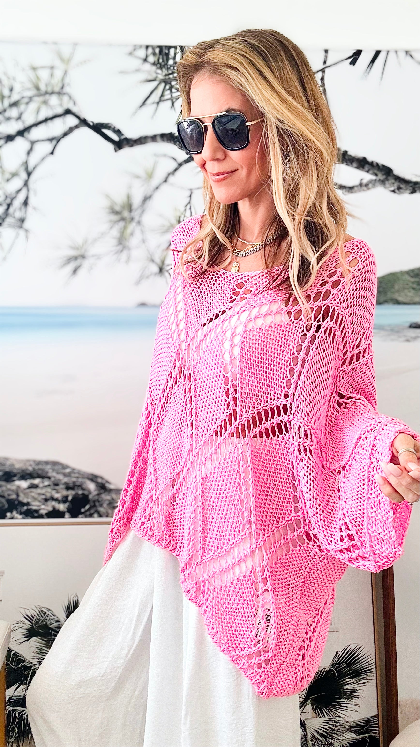 Diamond Crochet Italian Pullover - Barbie Pink-140 Sweaters-Italianissimo-Coastal Bloom Boutique, find the trendiest versions of the popular styles and looks Located in Indialantic, FL