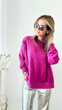 Brushed Checker Open Seam Sweatshirt-130 Long Sleeve Tops-BIBI-Coastal Bloom Boutique, find the trendiest versions of the popular styles and looks Located in Indialantic, FL