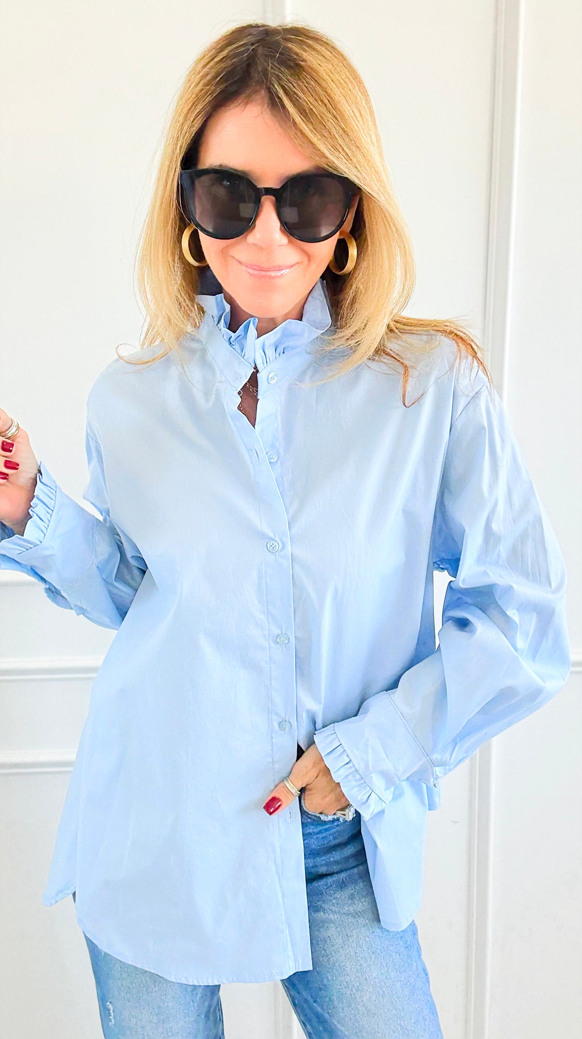 Sophia Ruffled Italian Shirt- Sky Blue-110 Long Sleeve Tops-TATTOO Z-Coastal Bloom Boutique, find the trendiest versions of the popular styles and looks Located in Indialantic, FL