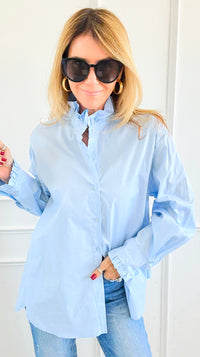 Sophia Ruffled Italian Shirt- Sky Blue-110 Long Sleeve Tops-TATTOO Z-Coastal Bloom Boutique, find the trendiest versions of the popular styles and looks Located in Indialantic, FL