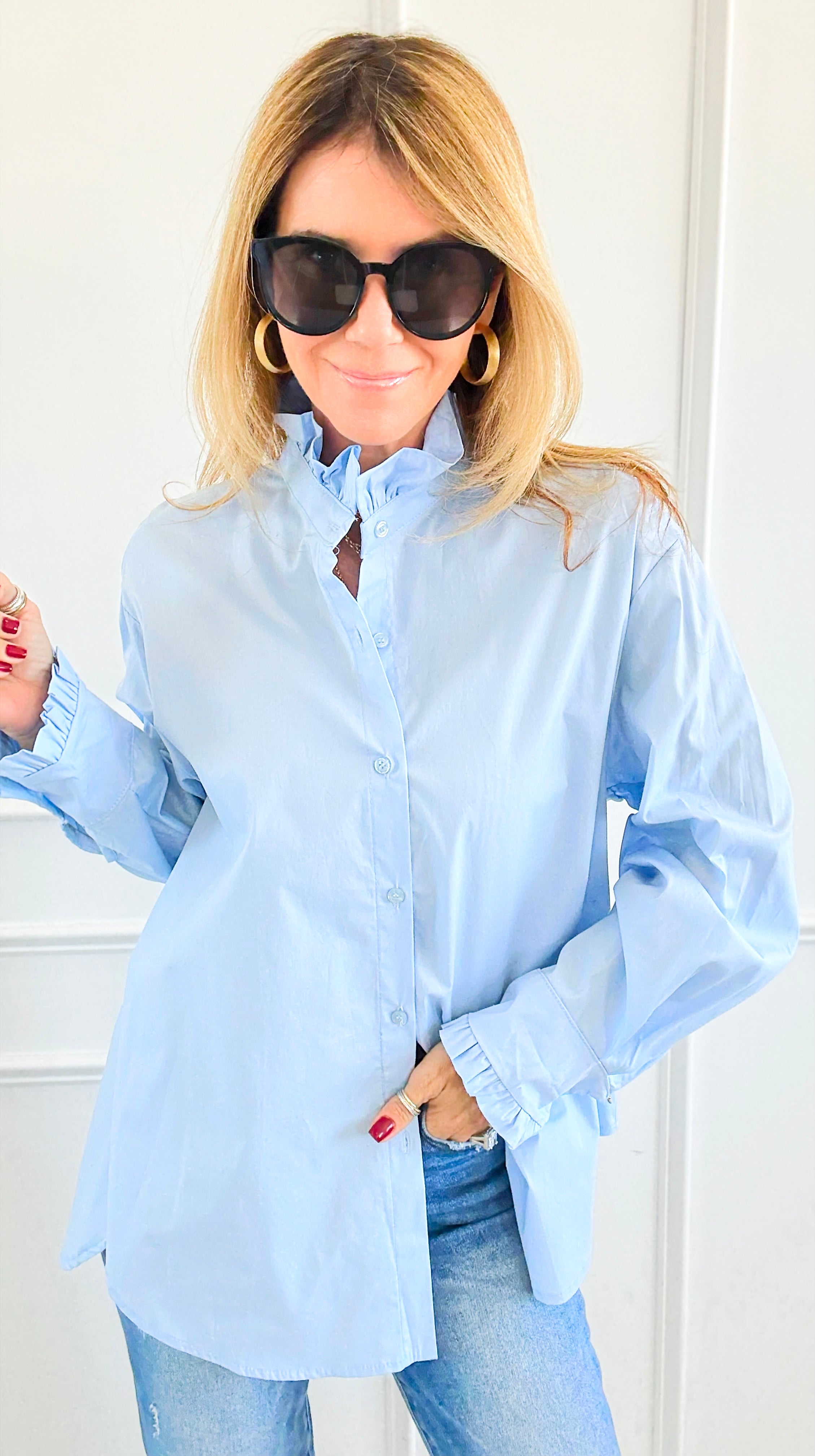 Sophia Ruffled Italian Shirt- Sky Blue-110 Long Sleeve Tops-TATTOO Z-Coastal Bloom Boutique, find the trendiest versions of the popular styles and looks Located in Indialantic, FL