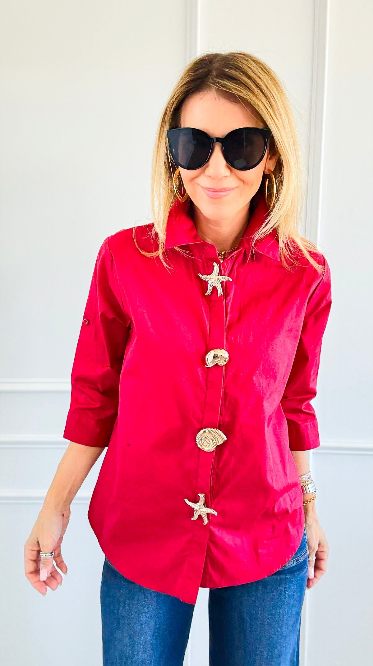 Starfish Accent Half Sleeve Blouse- Red-130 Long Sleeve Tops-PASTEL DESIGN-Coastal Bloom Boutique, find the trendiest versions of the popular styles and looks Located in Indialantic, FL