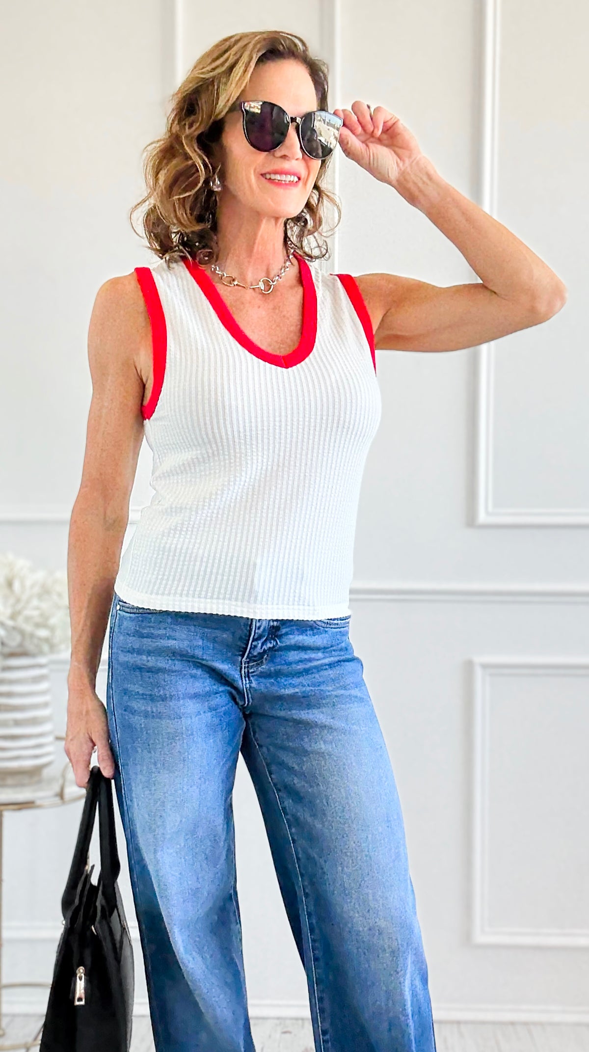 Varsity Vibes Contrast Knit Tank-100 Sleeveless Tops-POL-Coastal Bloom Boutique, find the trendiest versions of the popular styles and looks Located in Indialantic, FL