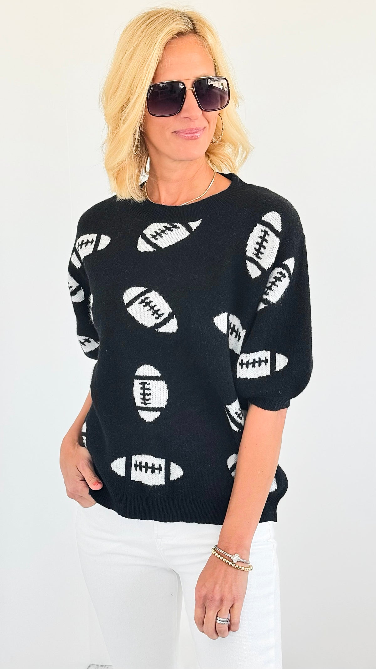 Game Day Puff Sleeves Sweater-140 Sweaters-BIBI-Coastal Bloom Boutique, find the trendiest versions of the popular styles and looks Located in Indialantic, FL