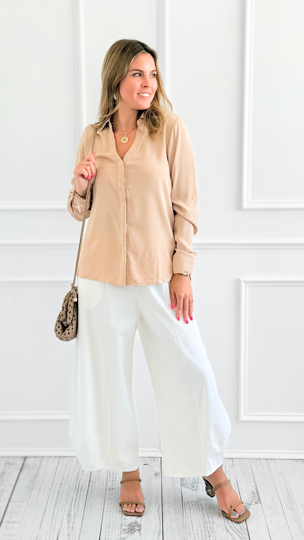 Luxe Essential Button Blouse Top - Khaki-130 Long Sleeve Tops-Michel-Coastal Bloom Boutique, find the trendiest versions of the popular styles and looks Located in Indialantic, FL