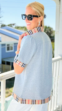 Plaid Trim Split Neck Top -  Heather Grey