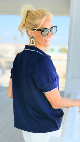 Classic Comfort Collared Top - Navy