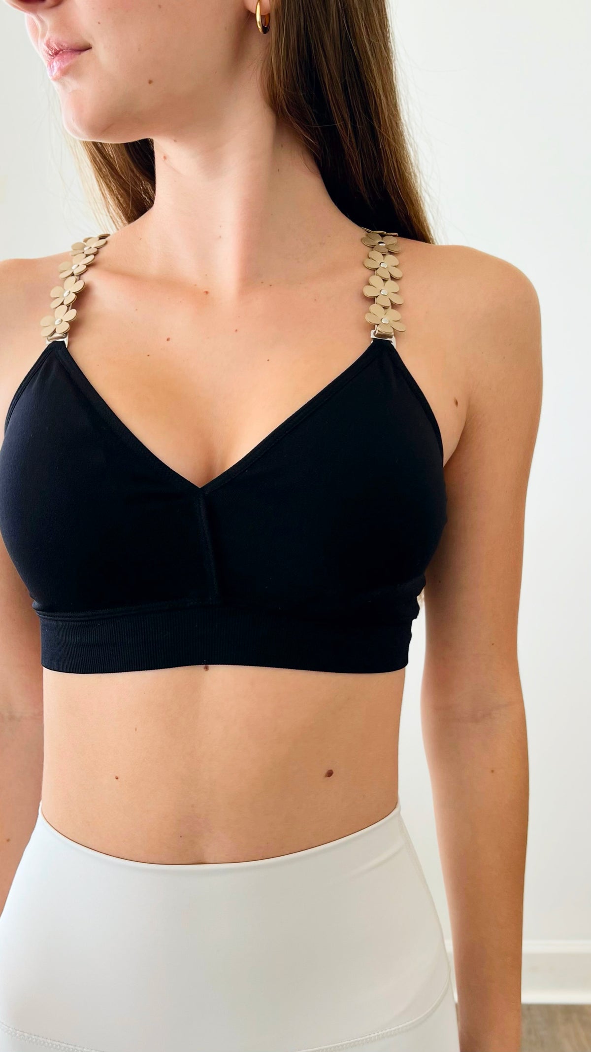 One Size Black with Vegan Gold Flowers Plunge Bra-220 Intimates-Strap-its-Coastal Bloom Boutique, find the trendiest versions of the popular styles and looks Located in Indialantic, FL