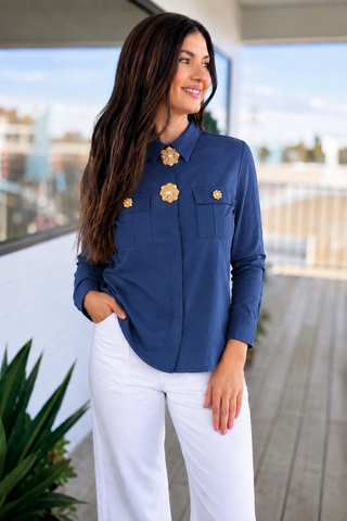 Rhinestone Brooch Detail Top - Navy