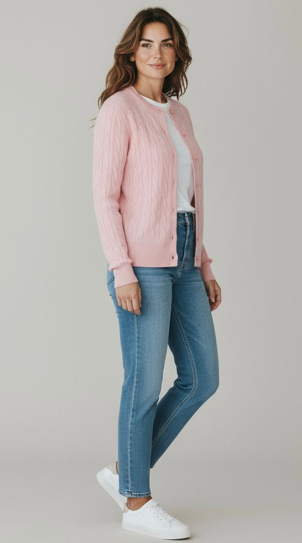 Cable Knit Crew Neck Cardigan- Dusty Pink￼-140 Sweaters-CIELO-Coastal Bloom Boutique, find the trendiest versions of the popular styles and looks Located in Indialantic, FL