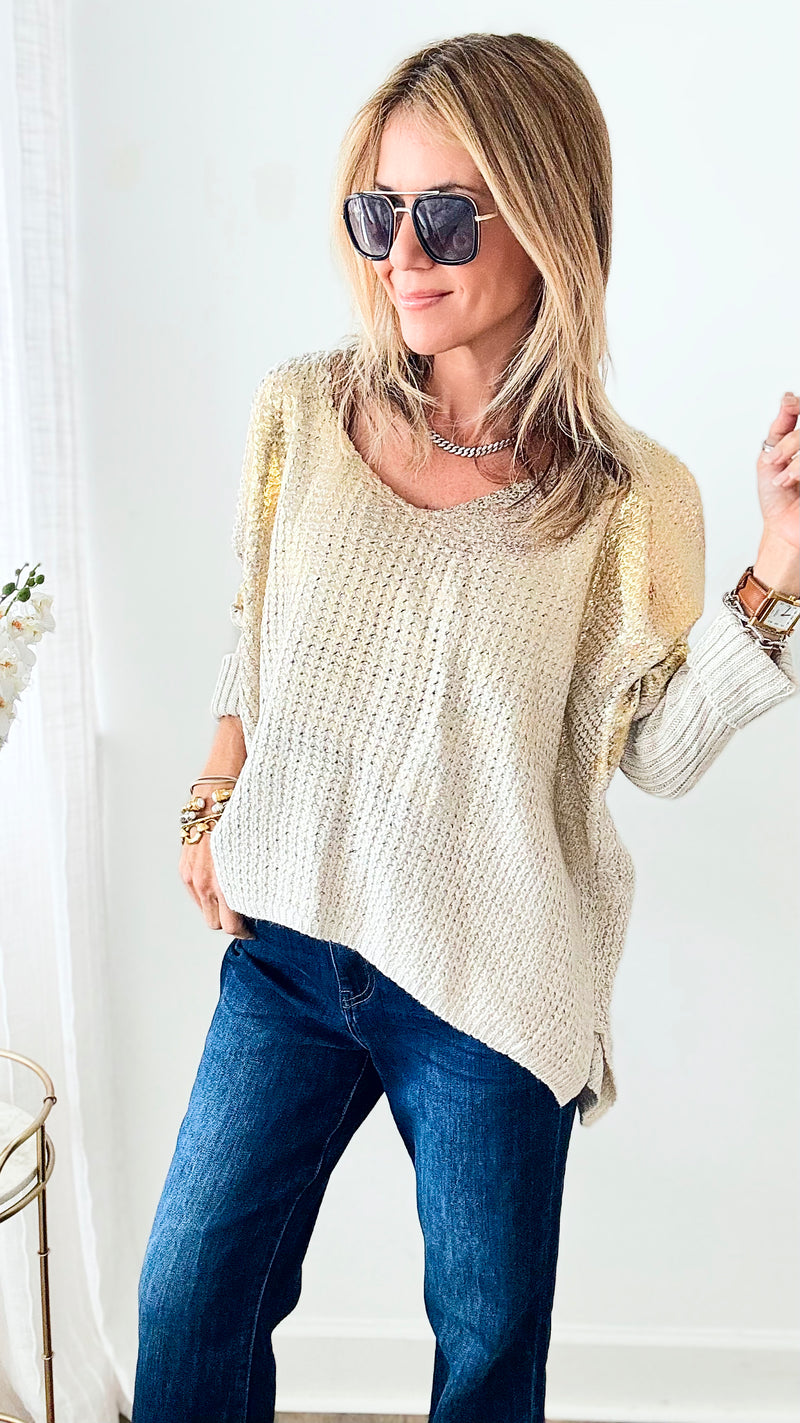 V Neck Gold Foil Sweater - Oyster-140 Sweaters-moda italia-Coastal Bloom Boutique, find the trendiest versions of the popular styles and looks Located in Indialantic, FL