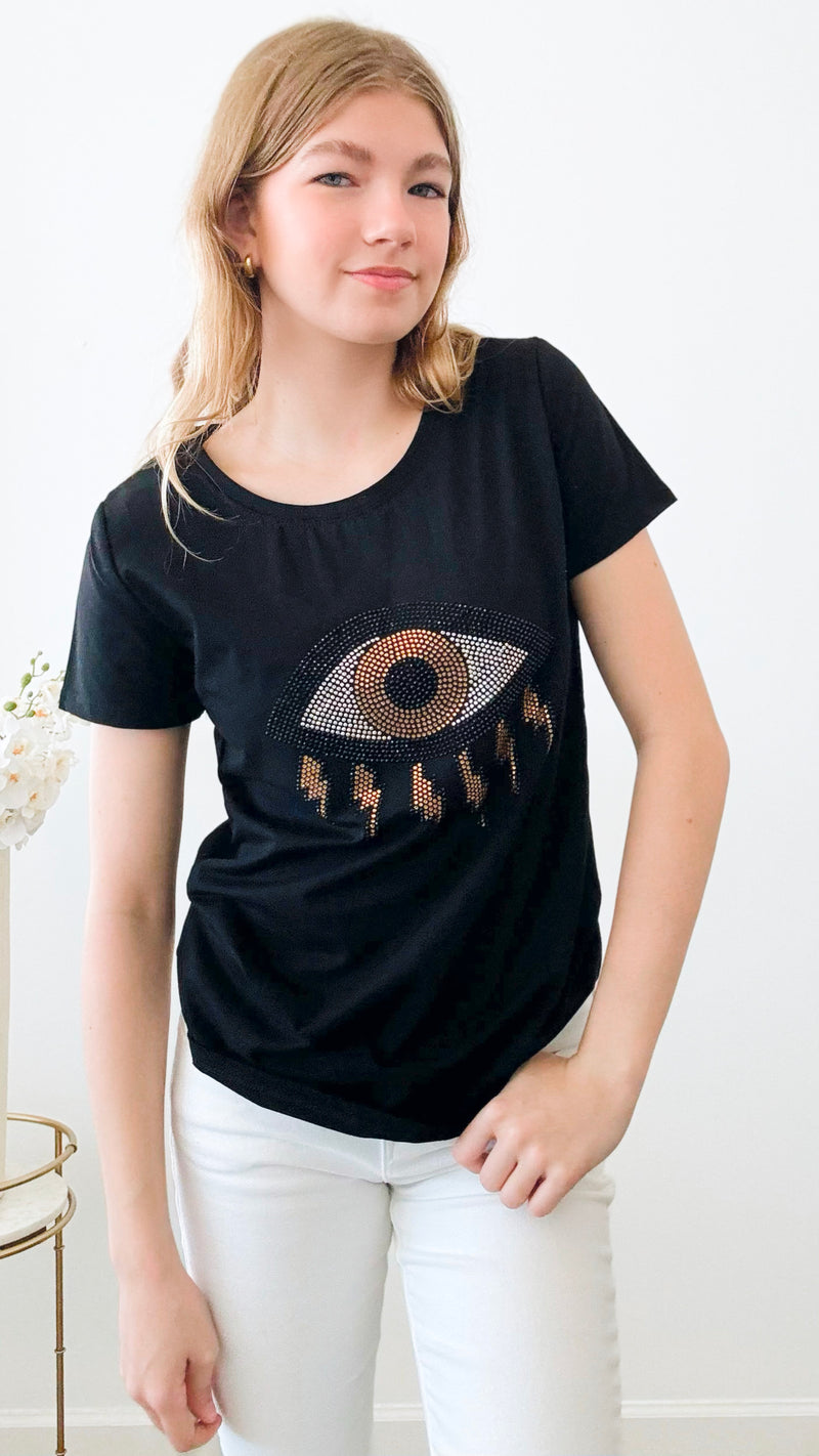 Lightning Eye Sequin Embellished Graphic Tee - Black-110 Short Sleeve Tops-in2you-Coastal Bloom Boutique, find the trendiest versions of the popular styles and looks Located in Indialantic, FL