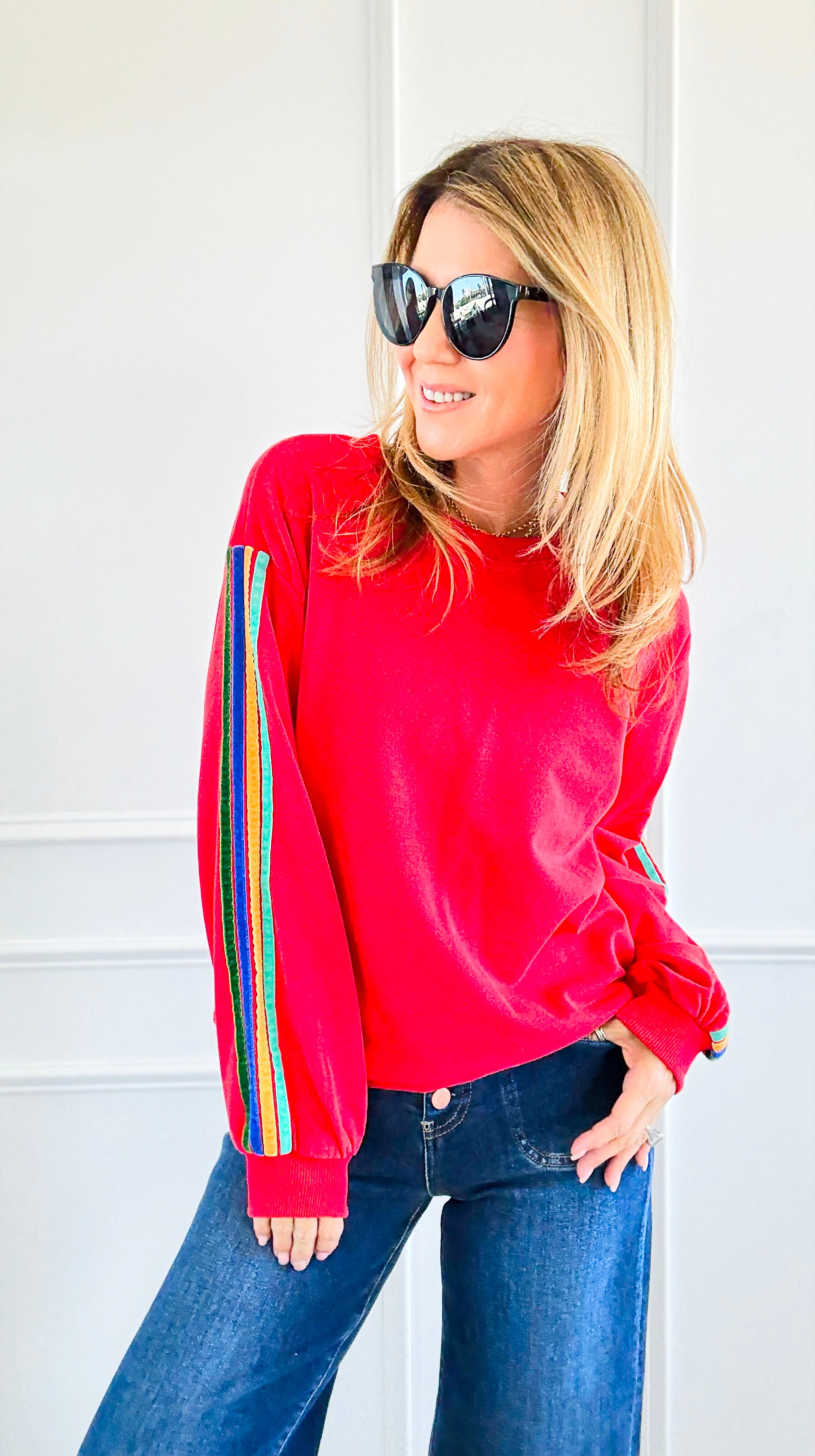 Rainbow Sleeve Statement Sweatshirt-110 Long Sleeve Tops-JODIFL-Coastal Bloom Boutique, find the trendiest versions of the popular styles and looks Located in Indialantic, FL