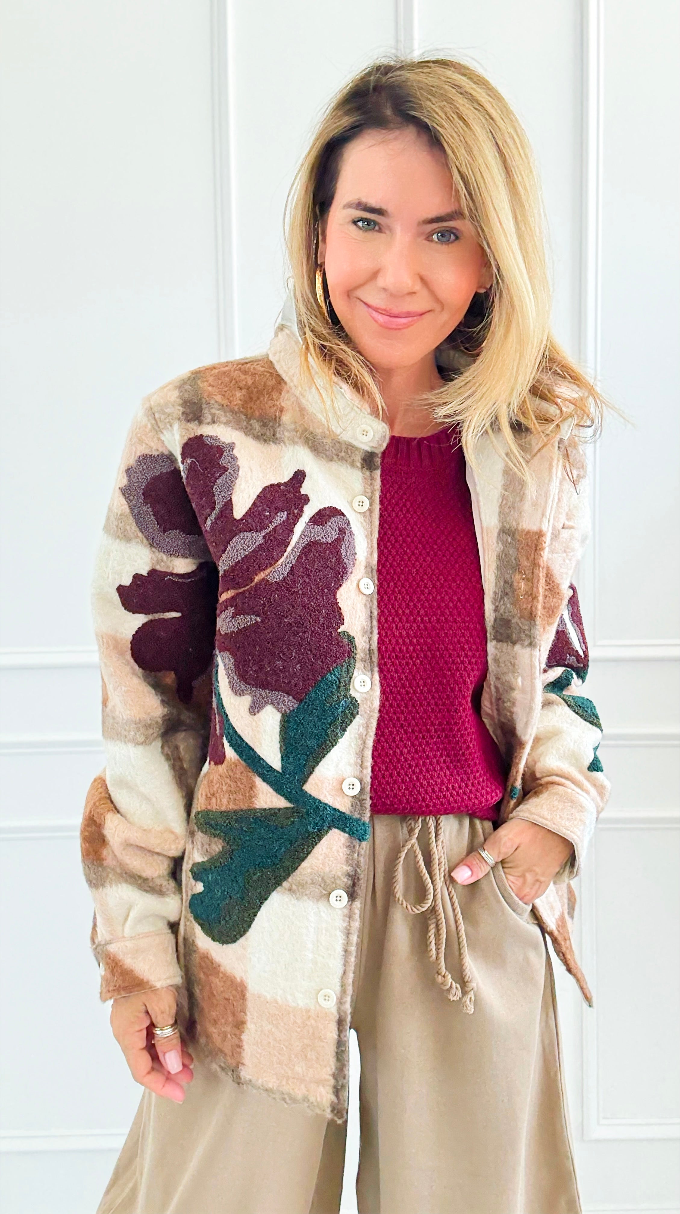 Midwest Bloom Oversized Patch Shacket-160 Jackets-SMOKE RISE RED-Coastal Bloom Boutique, find the trendiest versions of the popular styles and looks Located in Indialantic, FL