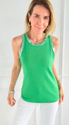 Metallic Foil Detailed Ribbed Italian Tank - Kelly Green/Silver-100 Sleeveless Tops-Italianissimo-Coastal Bloom Boutique, find the trendiest versions of the popular styles and looks Located in Indialantic, FL
