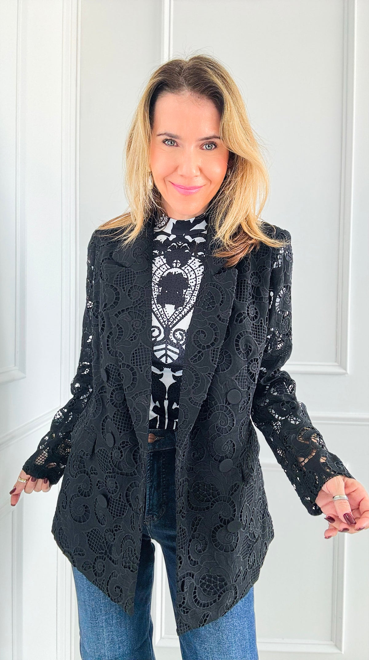 Midnight Lace Blazer-160 Jackets-Rousseau-Coastal Bloom Boutique, find the trendiest versions of the popular styles and looks Located in Indialantic, FL