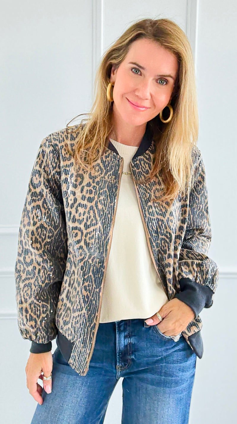 Trendy Zip-Up Leopard Bomber Jacket-160 Jackets-Fate Inc-Coastal Bloom Boutique, find the trendiest versions of the popular styles and looks Located in Indialantic, FL
