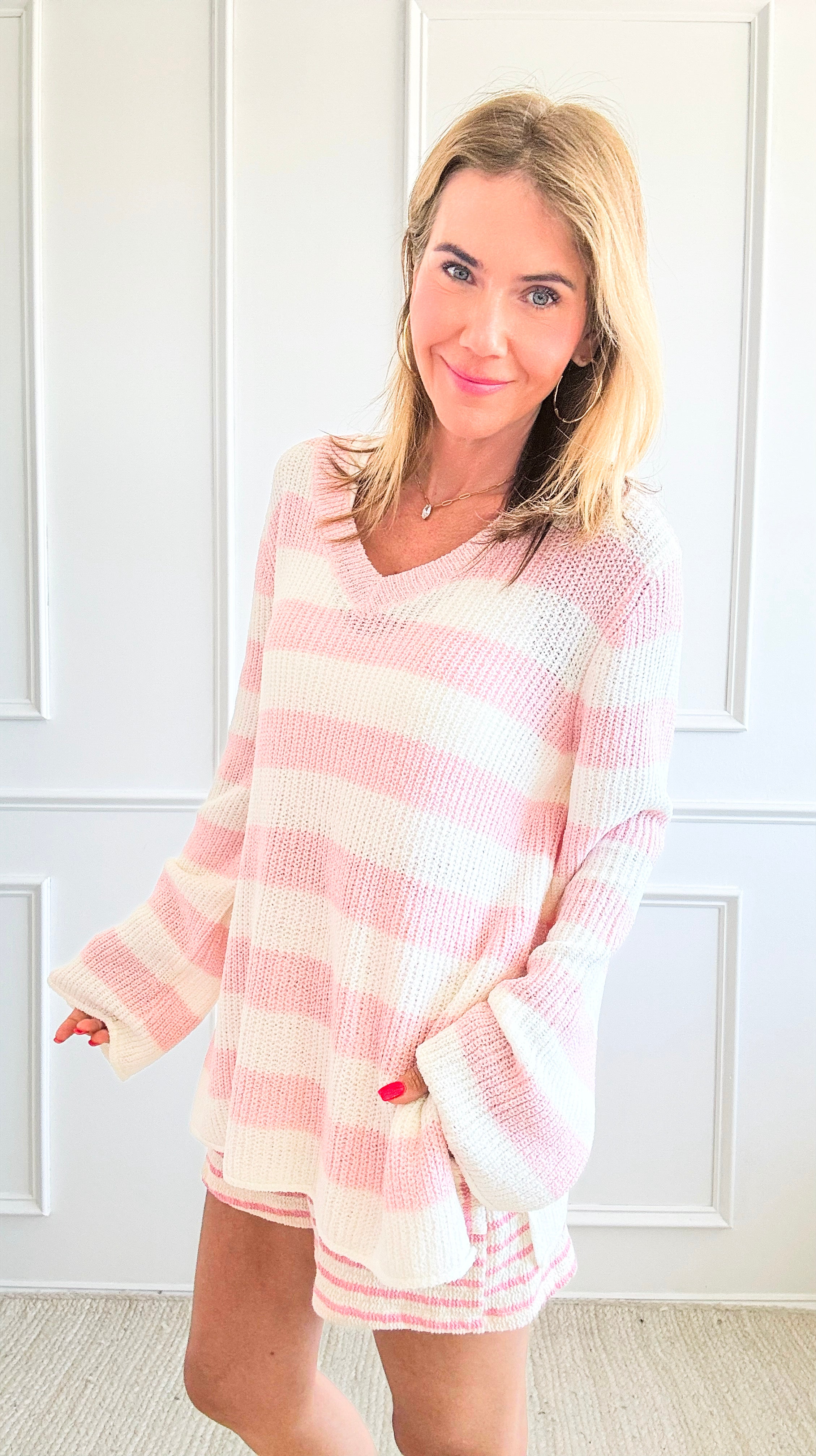 Striped V-Neck Sweater - L.Pink-140 Sweaters-Miracle-Coastal Bloom Boutique, find the trendiest versions of the popular styles and looks Located in Indialantic, FL