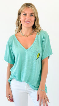 Electric Spark V-Neck Top-110 Short Sleeve Tops-POL-Coastal Bloom Boutique, find the trendiest versions of the popular styles and looks Located in Indialantic, FL