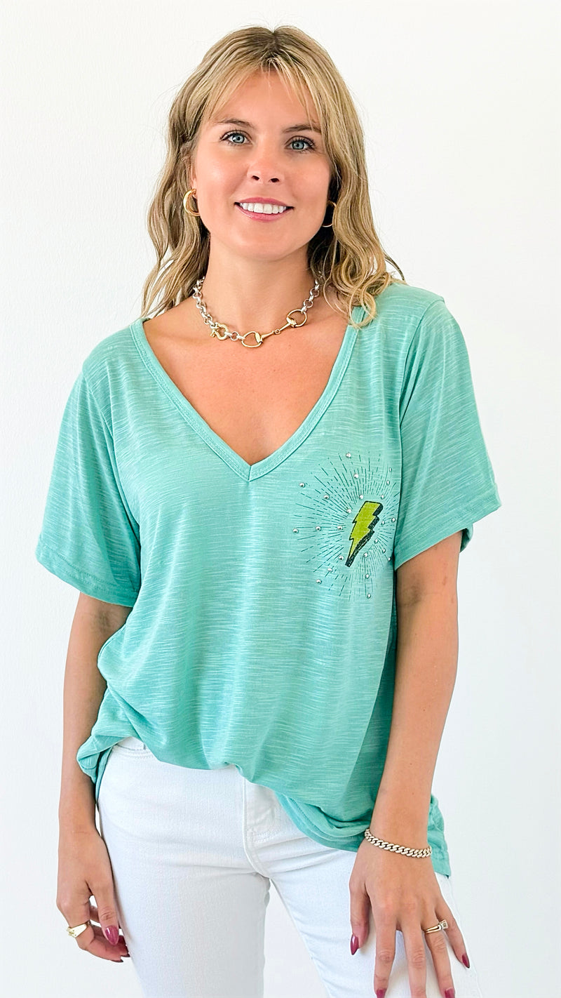 Electric Spark V-Neck Top-110 Short Sleeve Tops-POL-Coastal Bloom Boutique, find the trendiest versions of the popular styles and looks Located in Indialantic, FL