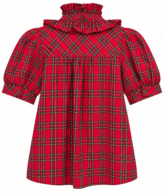 Plaid Bow Neck Puff Sleeve Blouse - Red