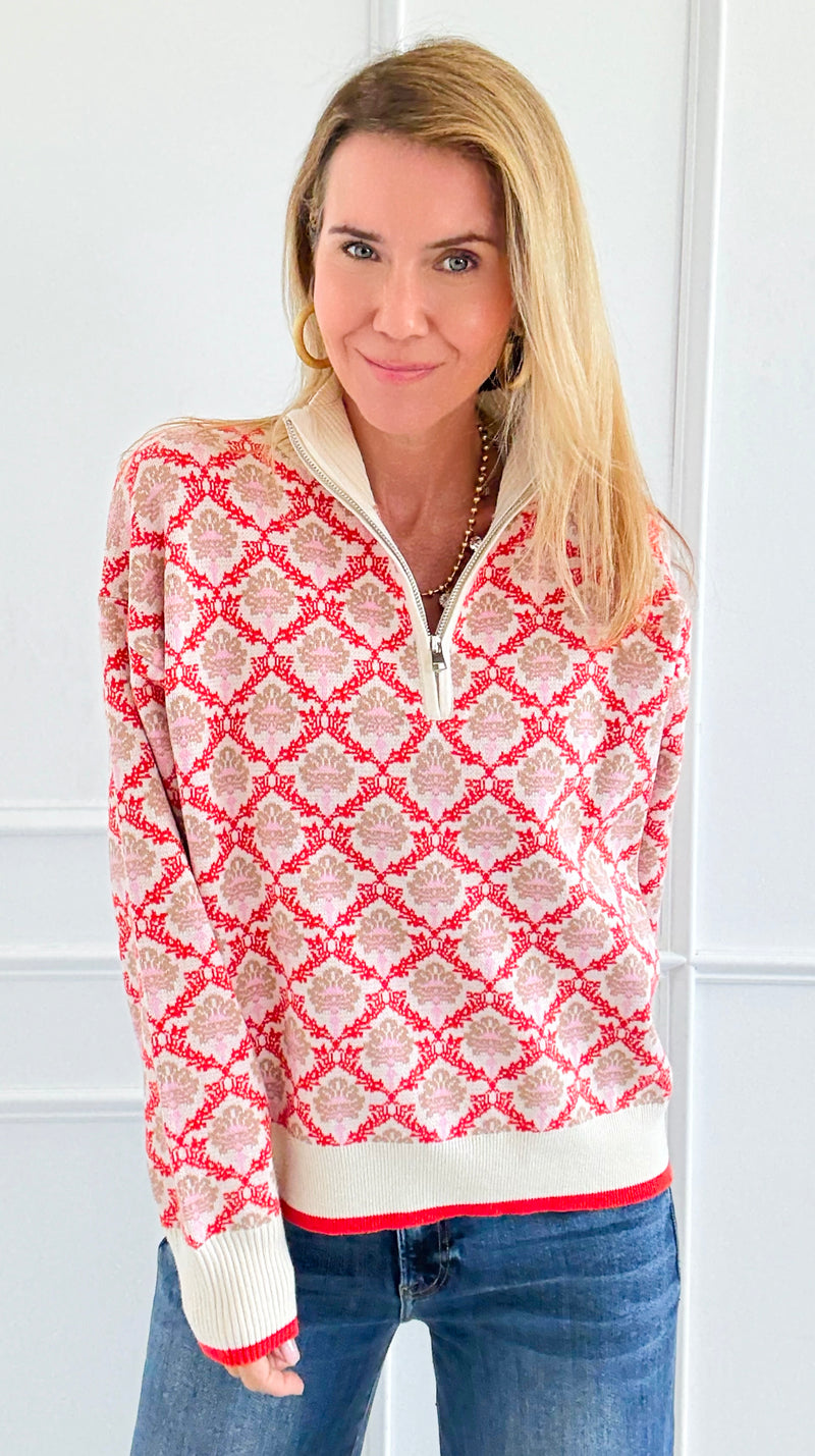 Tri-Bloom Zip Mock Sweater-Cream/Orange-140 Sweaters-&MERCI-Coastal Bloom Boutique, find the trendiest versions of the popular styles and looks Located in Indialantic, FL