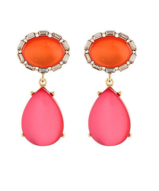 Pair of earrings with orange top and pink teardrop-shaped bottom on a white background