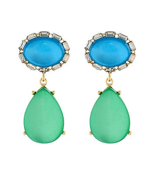 Pair of earrings with blue top stones and green teardrop drops on a white background
