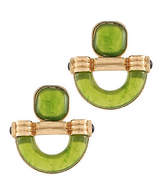 Pair of green earrings with gold accents on a white background