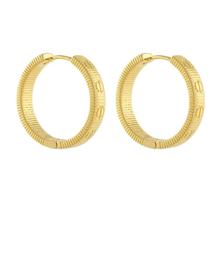 A pair of gold hoop earrings with a textured, ribbed outer surface and a polished inner band, shown against a plain white background.