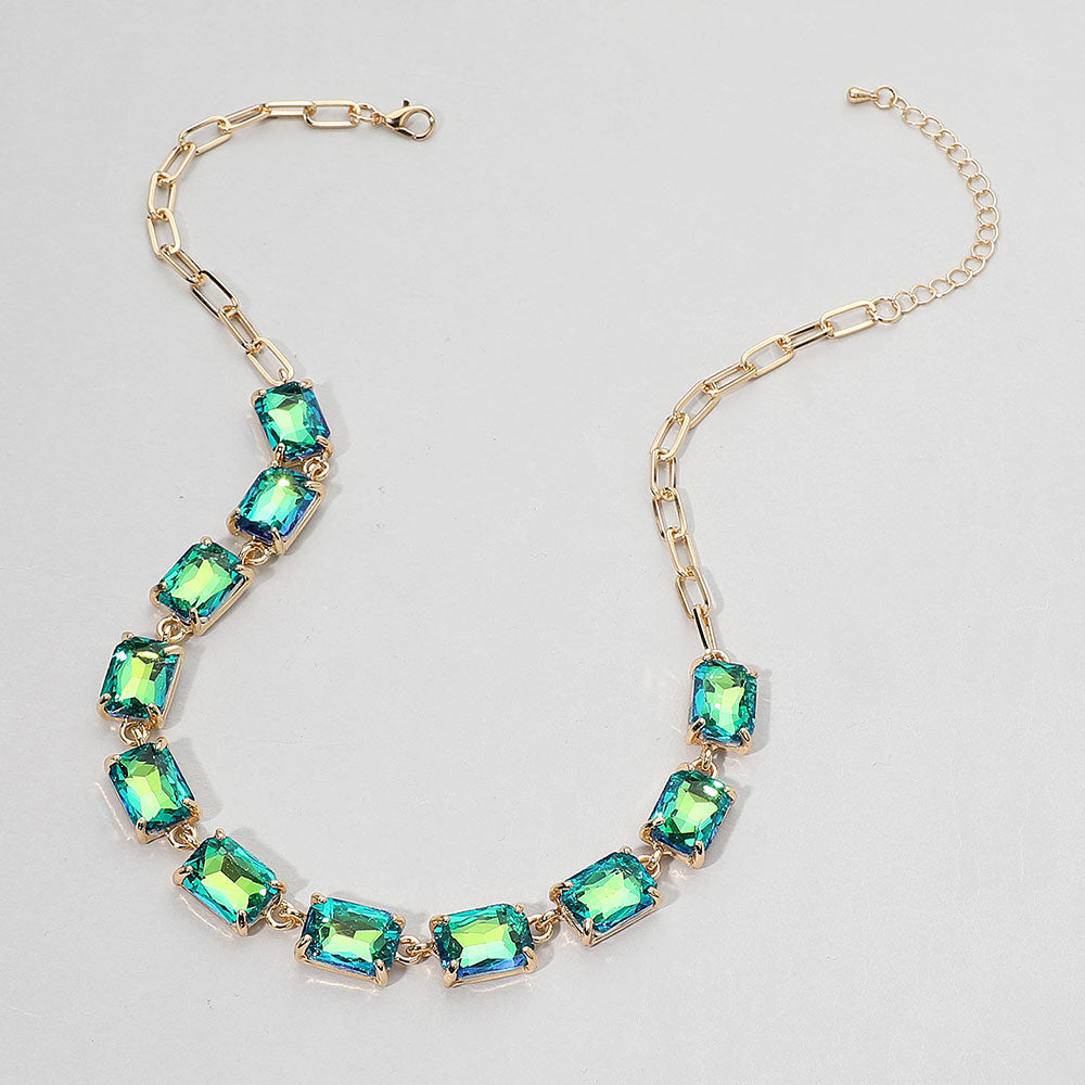 Luminous Gemstone Linked Necklace - AB/Emerald-230 Jewelry-NYW-Coastal Bloom Boutique, find the trendiest versions of the popular styles and looks Located in Indialantic, FL