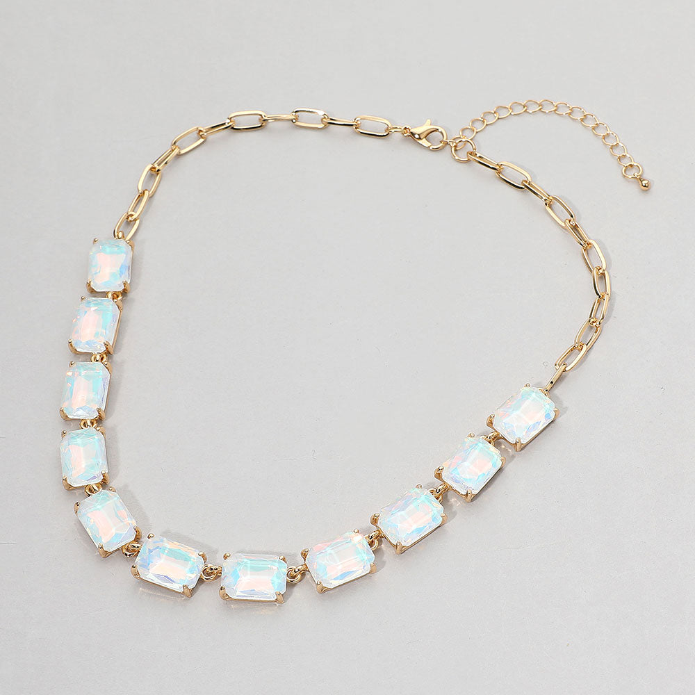 Luminous Gemstone Linked Necklace - Opal, White-230 Jewelry-NYW-Coastal Bloom Boutique, find the trendiest versions of the popular styles and looks Located in Indialantic, FL