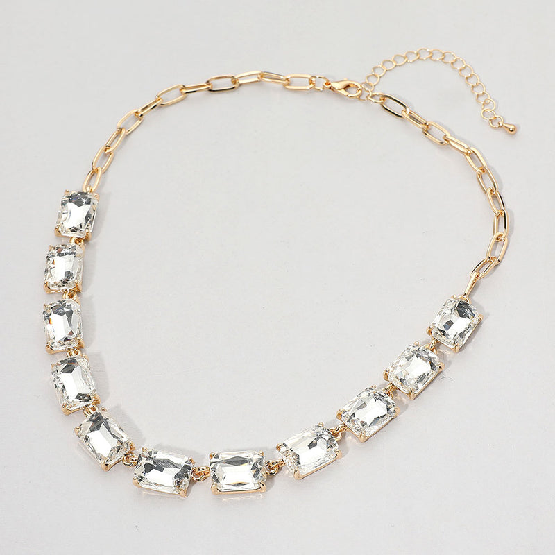 Luminous Gemstone Linked Necklace - Clear, Gold-230 Jewelry-NYW-Coastal Bloom Boutique, find the trendiest versions of the popular styles and looks Located in Indialantic, FL