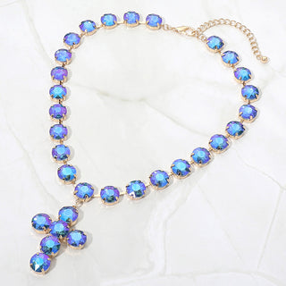 City Light Big Round Stone Cross Drop Necklace - Sapphire