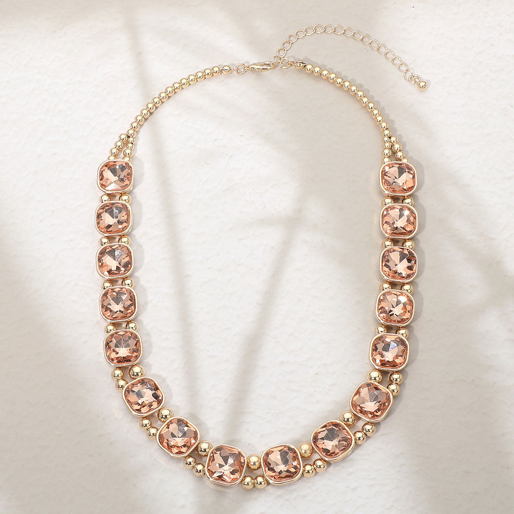 Midnight Soirée Square Crystal Link Necklace - Gold Peach