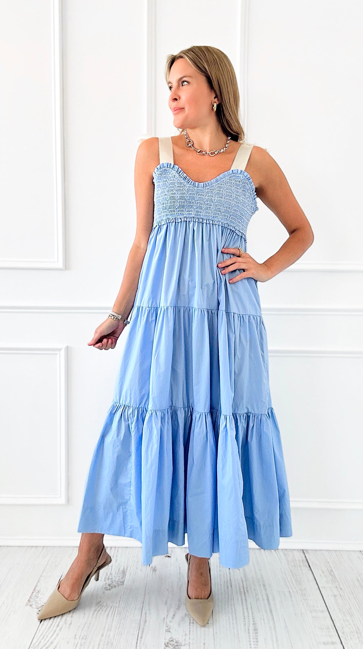 Ribbon Tie Smocked Midi Dress - Light Blue-200 Dresses/Jumpsuits/Rompers-Lovelo x GeeGee-Coastal Bloom Boutique, find the trendiest versions of the popular styles and looks Located in Indialantic, FL