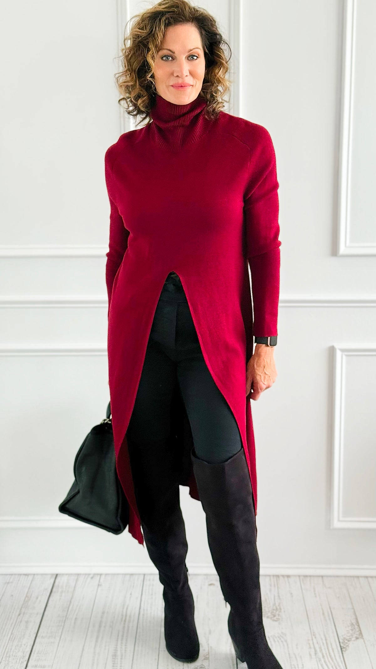 Chic Long Split Italian Sweater - Wine-150 Cardigans/Layers-Italianissimo/Z Studio-Coastal Bloom Boutique, find the trendiest versions of the popular styles and looks Located in Indialantic, FL