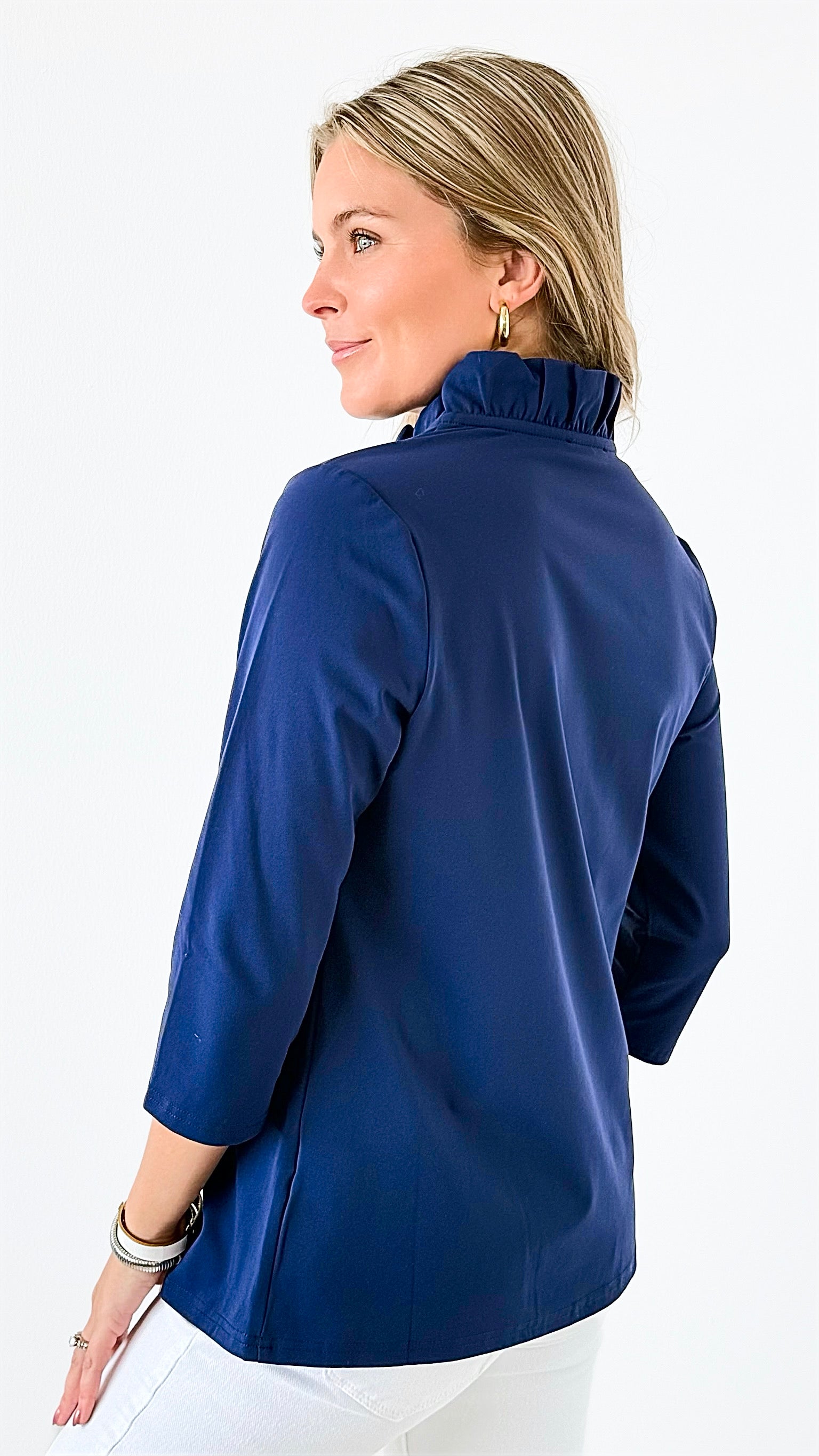 Tabatha Ruffle Neck Top - Navy-130 Long Sleeve Tops-ARYEH-Coastal Bloom Boutique, find the trendiest versions of the popular styles and looks Located in Indialantic, FL