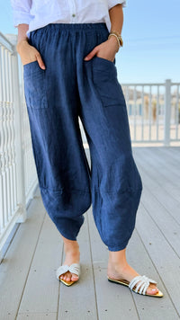 La Spezia Barrel Linen Italian Pant- Denim Blue