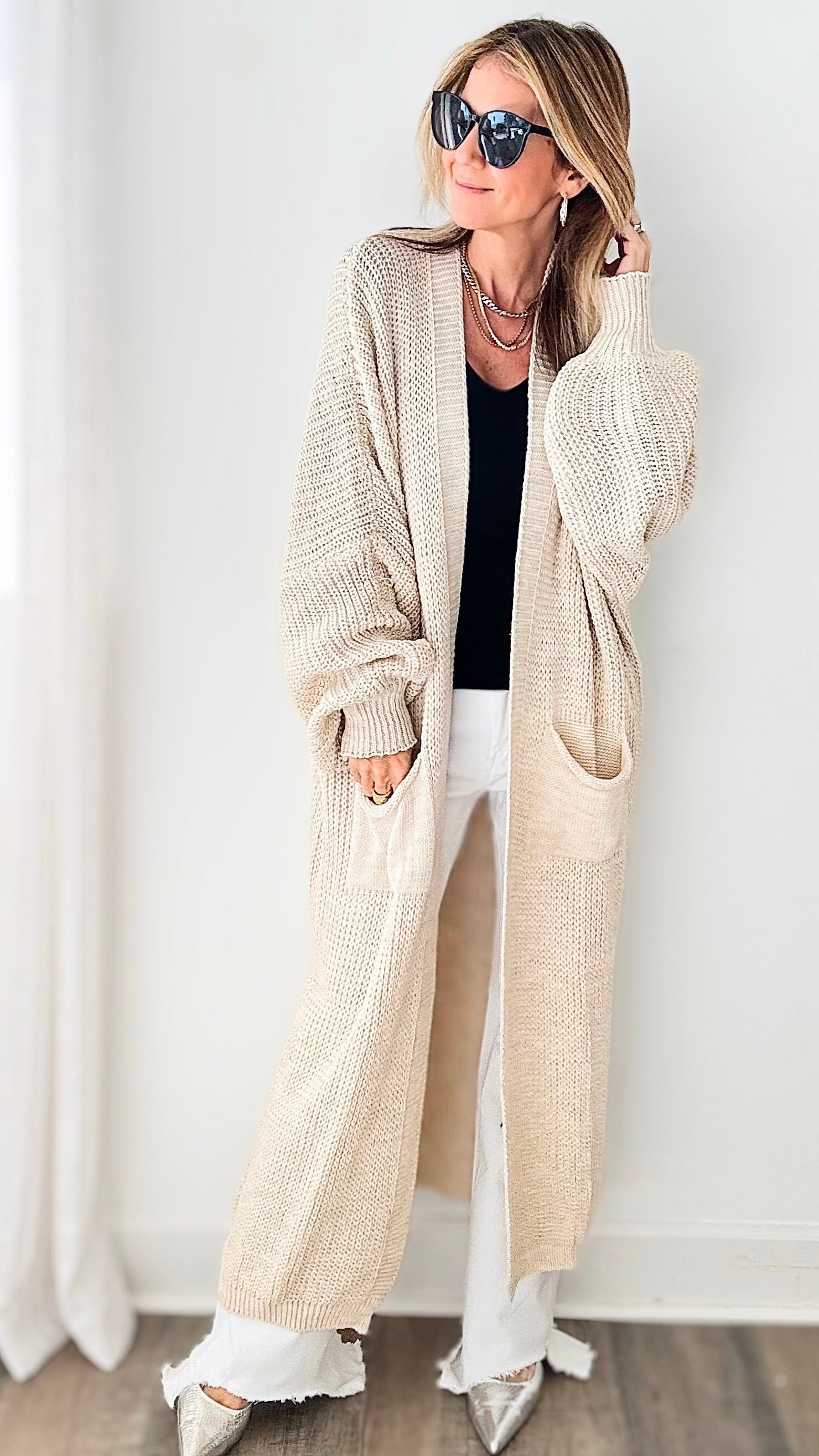 Sugar High Long Italian Cardigan - Ecru-150 Cardigans/Layers-Yolly-Coastal Bloom Boutique, find the trendiest versions of the popular styles and looks Located in Indialantic, FL