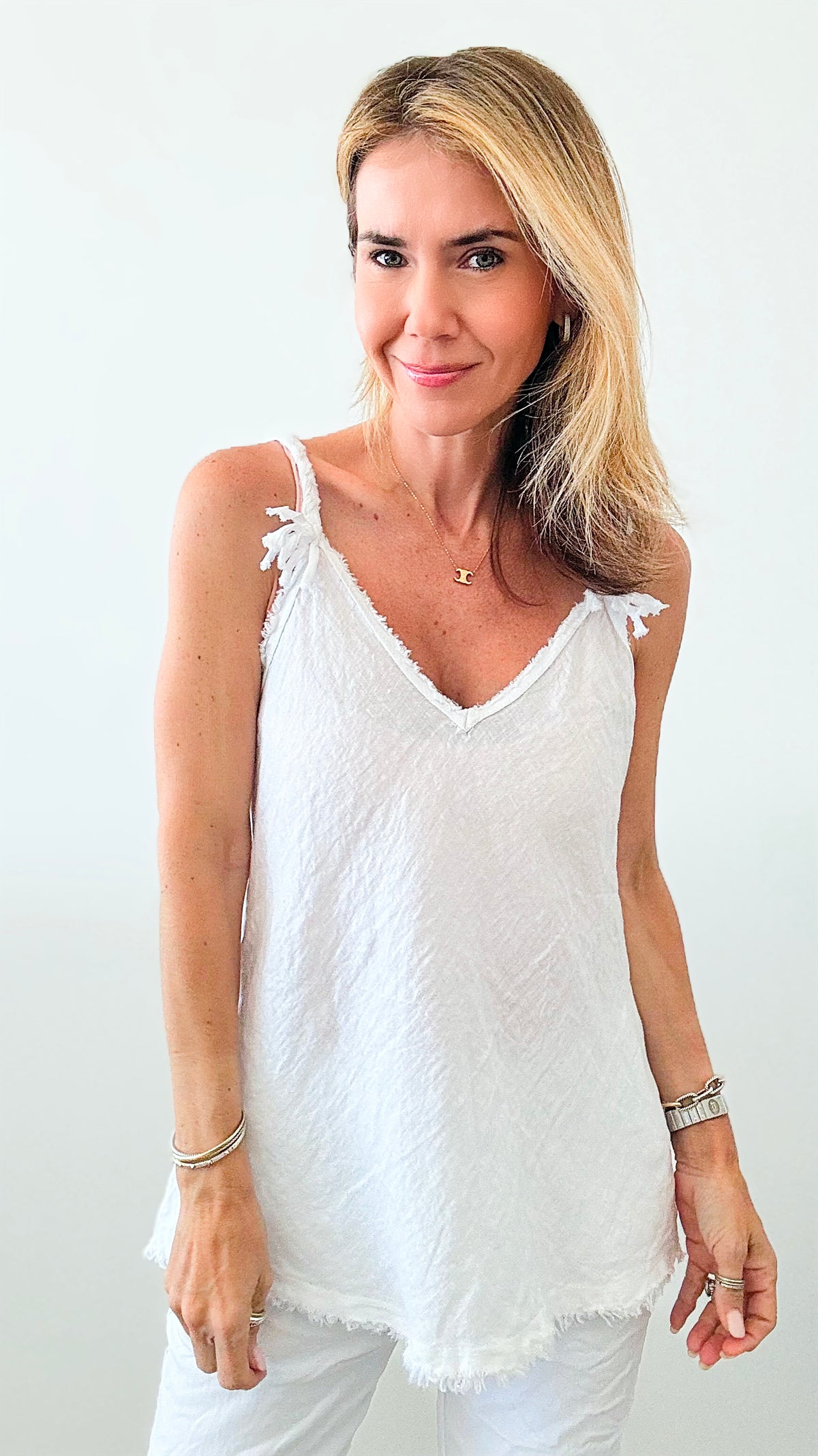 Braided Detail Italian Linen Tank - White-100 Sleeveless Tops-Germany-Coastal Bloom Boutique, find the trendiest versions of the popular styles and looks Located in Indialantic, FL