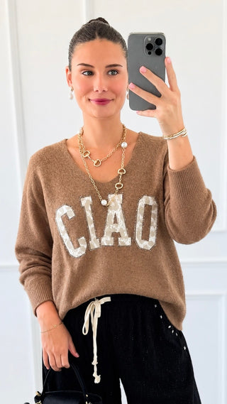 Ciao Rhinestone Italian Knit Sweater- Camel