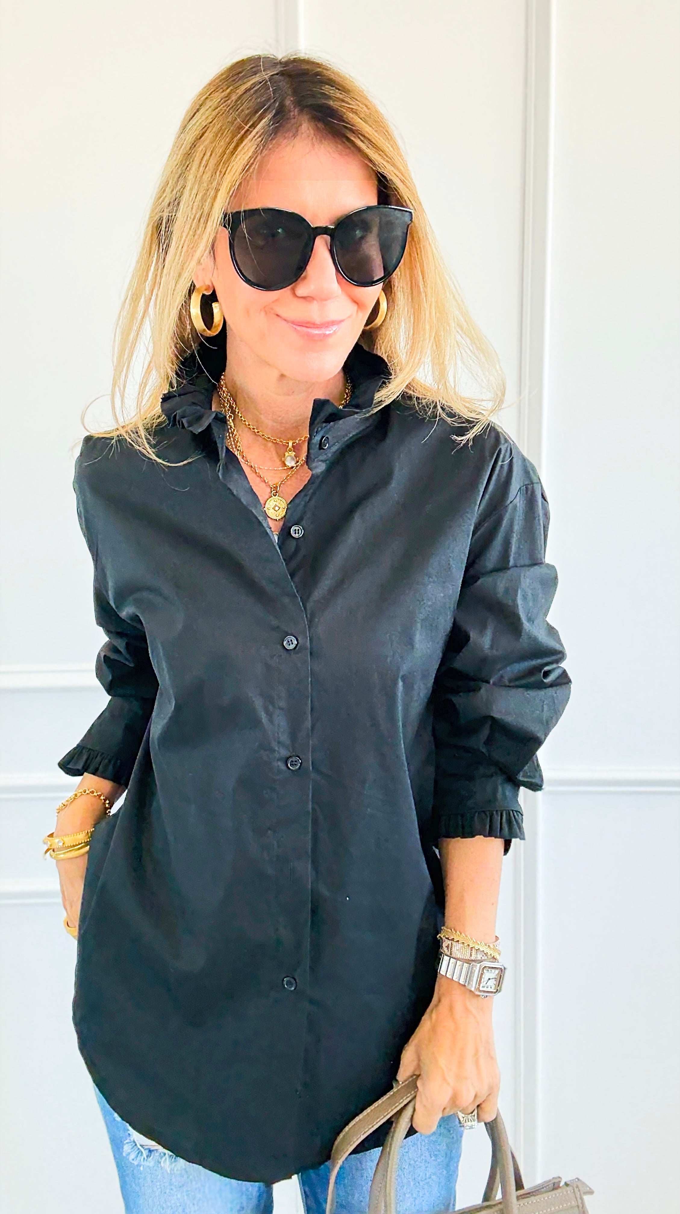 Sophia Ruffled Italian Shirt- Black-110 Long Sleeve Tops-TATTOO Z-Coastal Bloom Boutique, find the trendiest versions of the popular styles and looks Located in Indialantic, FL