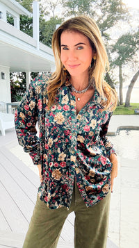 Floral Muse Velvet Button Down Blouse - Green/ Red-130 Long Sleeve Tops-sew in love-Coastal Bloom Boutique, find the trendiest versions of the popular styles and looks Located in Indialantic, FL